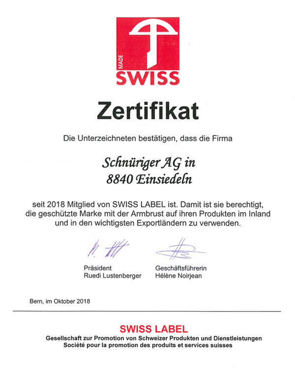 SWISS LABEL Zertifikat Schnüriger AG